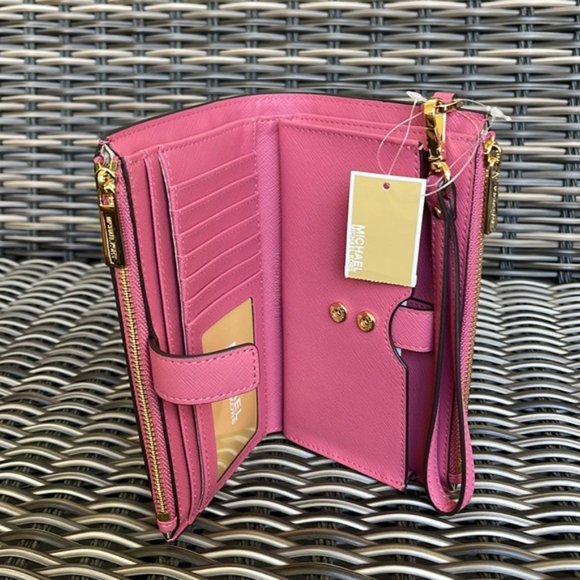 Michael Kors Jet Set Travel Large Double Zip Wristlet Wallet Rosewood Leather - Picture 9 of 16